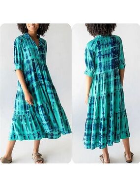 NATURAL LIFE Rebecca Teal & Navy Tie-Dye Tiered Midi Dress Size Med Boho Summer